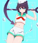  1girl anchor aqua_sailor_collar bare_shoulders black_hair blue_eyes crop_top hat looking_at_viewer midriff murasa_minamitsu navel sailor sailor_hat shirt short_hair short_shorts shorts sleeveless sleeveless_shirt smile solo temu_(tem27) touhou water 