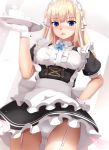  absurdres apron ass_visible_through_thighs bangs black_dress blonde_hair blue_eyes blurry blush bow breasts commentary_request cowboy_shot crotch_seam cup depth_of_field dress dutch_angle eto eyebrows_visible_through_hair frilled_apron frilled_dress frills garter_straps gloves hand_on_hip hand_up highres holding holding_tray looking_at_viewer maid maid_headdress medium_breasts nose_blush open_mouth original panties pantyshot petals poke_ball_symbol puffy_short_sleeves puffy_sleeves shiny shiny_hair short_sleeves sidelocks solo standing thigh_gap tray underwear white_panties 