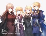  3girls :d anniversary artoria_pendragon_(all) artoria_pendragon_(lancer) asymmetrical_clothes bangs bare_shoulders black_bow black_choker black_dress black_gloves black_jacket black_neckwear blonde_hair blue_cape blue_eyes blue_legwear blush bow breasts cape chevalier_d'eon_(fate/grand_order) chihuri choker closed_mouth collared_shirt copyright_name dress elbow_gloves eyebrows_visible_through_hair fate/grand_order fate_(series) florence_nightingale_(fate/grand_order) flower gloves green_eyes grey_background gun hair_between_eyes hair_flower hair_ornament heroic_spirit_formal_dress jacket jacket_on_shoulders jeanne_d'arc_(fate) jeanne_d'arc_(fate)_(all) large_breasts light_brown_hair long_hair long_sleeves multicolored multicolored_cape multicolored_clothes multiple_girls necktie open_mouth pink_flower purple_dress red_eyes red_jacket red_skirt see-through shirt side_ponytail sidelocks simple_background skirt sleeveless sleeveless_dress sleeves_past_wrists smile sword thighhighs very_long_hair weapon white_cape white_gloves white_shirt 