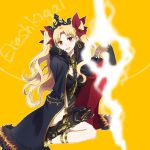  :d armored_boots asymmetrical_footwear asymmetrical_legwear asymmetrical_sleeves bangs black_cape black_dress black_footwear black_legwear black_nails blonde_hair blush boots bow breasts cape character_name dress earrings ereshkigal_(fate/grand_order) eyebrows_visible_through_hair fate/grand_order fate_(series) fingernails fur-trimmed_cape fur_trim glowing hair_bow head_tilt highres infinity jewelry long_hair long_sleeves medium_breasts multicolored multicolored_cape multicolored_clothes nail_polish open_mouth orange_background parted_bangs red_bow red_cape red_eyes round_teeth rui_(rui_draw) single_sleeve single_thigh_boot skull smile solo spine teeth tiara two_side_up upper_teeth very_long_hair 