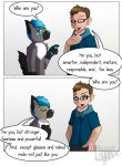  anthro black_tail blue_eyes blue_fur blue_nose brown_hair canine cloth comic dialogue duo english_text eyewear fur glasses green_eyes grey_fur hair human humor insult invalid_tag jerome_blaze joke male mammal meme open_mouth simple_background smile sparklylynx speech_bubble text white_background white_fur wolf 