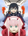  1girl absurdres bangs black_bodysuit black_hair blue_eyes bodysuit commentary couple darling_in_the_franxx english_commentary gloves green_eyes hair_ornament hairband hetero highres hiro_(darling_in_the_franxx) holding horns long_hair looking_at_viewer no_lineart oni_horns pilot_suit pink_hair red_bodysuit red_horns white_gloves white_hairband winson zero_two_(darling_in_the_franxx) 