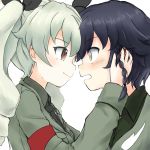  absurdres anchovy anzio_military_uniform bangs black_hair black_neckwear black_ribbon black_shirt blush braid brown_eyes closed_mouth commentary_request dress_shirt drill_hair eyebrows_visible_through_hair from_side girls_und_panzer green_hair grey_jacket hair_ribbon hands_on_another's_face highres jacket light_frown light_smile long_hair long_sleeves looking_at_another military military_uniform multiple_girls necktie open_mouth partial_commentary pepperoni_(girls_und_panzer) red_eyes ribbon shirt short_hair side_braid simple_background twin_drills twintails uniform upper_body wabiushi white_background yuri 