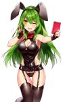  1girl animal_ears armpits blush bow breasts bunny_ears cleavage comeo eyebrows_visible_through_hair fang garter_straps green_hair looking_at_viewer open_mouth orange_eyes original phone selfie sideboob solo tagme thigh_gap thighhighs wink 