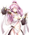  absurdres armlet braid bridal_gauntlets closed_mouth fire_emblem fire_emblem:_kakusei hairband high_ponytail highres long_hair midriff navel olivia_(fire_emblem) one_eye_closed pink_eyes pink_hair simple_background skeptycally smile solo twin_braids twitter_username v white_background 