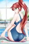  alfred_cullado ass bare_shoulders blue_swimsuit breasts butt_crack competition_swimsuit from_behind green_eyes hair_between_eyes highres hips indoors long_hair looking_at_viewer looking_back medium_breasts one-piece_swimsuit parted_lips ponytail pool poolside pyrrha_nikos red_hair rwby shiny shiny_hair shiny_skin solo swimsuit towel very_long_hair water 