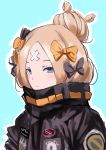  abigail_williams_(fate/grand_order) absurdres bangs black_bow black_jacket blonde_hair blue_background blue_eyes blush bow closed_mouth crossed_bandaids fat123 fate/grand_order fate_(series) hair_bow hair_bun heroic_spirit_traveling_outfit highres jacket light_smile long_hair looking_at_viewer orange_bow parted_bangs polka_dot polka_dot_bow sketch solo 