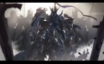  armored_core artorias_the_abysswalker backlighting blurry blurry_foreground cape commentary_request company_connection cowboy_shot dark_souls depth_of_field facing_viewer from_software full_armor helmet highres letterboxed mecha mono_(jdaj) no_humans shoulder_armor souls_(from_software) sword torn_cape weapon 