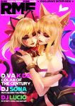  2girls absurdres ahri alternate_costume animal_ears asymmetrical_docking bangs bare_shoulders black_cat_d.va blonde_hair bracelet breast_press breasts cat_ears cat_tail cheek-to-cheek cleavage cover crossover d.va_(overwatch) earrings eyelashes eyes_closed eyeshadow fox_ears fox_tail highres hug idol jewelry k/da_(league_of_legends) k/da_ahri large_breasts league_of_legends lips magazine_cover makeup medium_breasts microphone monori_rogue multiple_girls multiple_tails music nail_polish nose open_mouth overwatch pink_background pinky_out shared_microphone shorts singing tail thighhighs trait_connection whisker_markings 