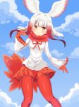  :o bangs bird_tail bird_wings blue_sky blunt_bangs blush breasts cloud day dot_nose eyebrows_visible_through_hair feather_collar frilled_sleeves frills gloves gradient_hair hair_intakes head_wings highres japanese_crested_ibis_(kemono_friends) kemono_friends long_hair long_sleeves miniskirt mugi_(user_khzh5853) multicolored_hair open_mouth orange_gloves orange_ribbon orange_skirt outdoors pantyhose pleated_skirt red_hair red_legwear ribbon shirt skirt sky small_breasts solo tail white_hair white_shirt wide_sleeves wings yellow_eyes 