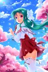  :d bashen_chenyue blue_eyes blue_sky blush bow capelet cherry_blossoms cloud commentary_request day flower green_hair hair_ribbon heterochromia highres long_hair long_sleeves looking_at_viewer looking_back open_mouth original outdoors petals pink_flower pleated_skirt purple_eyes red_bow red_skirt ribbon ribbon-trimmed_legwear ribbon-trimmed_sleeves ribbon_trim shirt skirt sky smile solo thighhighs tree very_long_hair white_capelet white_legwear white_ribbon white_shirt wide_sleeves 