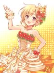  :d aiba_yumi armlet bangs bare_shoulders blonde_hair blush breasts butterfly_hair_ornament cleavage collarbone cowboy_shot dress earrings eyebrows_visible_through_hair flower flower_earrings glint hair_flower hair_ornament highres idolmaster idolmaster_cinderella_girls idolmaster_cinderella_girls_starlight_stage jewelry leaf looking_at_viewer medium_breasts mugi_(user_khzh5853) necklace open_mouth pink_eyes pink_flower red_flower short_hair smile solo sparkle strapless strapless_dress white_dress white_flower 