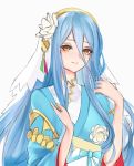  aqua_(fire_emblem_if) blue_hair blue_kimono closed_mouth commentary ei1han fire_emblem fire_emblem_heroes fire_emblem_if hair_between_eyes japanese_clothes kimono long_hair long_sleeves obi sash simple_background smile solo veil white_background wide_sleeves yellow_eyes 