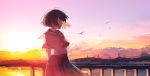  arms_behind_back black_hair closed_eyes commentary_request hair_blowing harbor highres lens_flare mifuru neckerchief original outdoors power_lines railing school_uniform serafuku short_hair short_sleeves skirt solo sunset water 