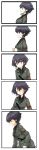  5koma absurdres angry anzio_military_uniform bangs belt black_belt black_hair black_neckwear black_shirt blush braid brown_eyes closed_eyes closed_mouth comic commentary dress_shirt empty_eyes eyebrows_visible_through_hair flying_sweatdrops from_side frown girls_und_panzer grey_jacket highres jacket leaning_back leaning_forward long_sleeves looking_away military military_uniform necktie open_mouth pepperoni_(girls_und_panzer) sam_browne_belt shirt shocked_eyes short_hair side_braid silent_comic simple_background standing sweatdrop uniform v-shaped_eyebrows wabiushi white_background wince 