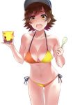  1girl bikini breasts cleavage commentary_request cowboy_shot cup flipped_hair honda_mio idolmaster idolmaster_cinderella_girls large_breasts leaning_forward looking_at_viewer open_mouth shiroyukimajima short_hair side-tie_bikini simple_background smile solo spoon standing swimsuit thigh_gap two-tone_bikini visor_cap white_background 