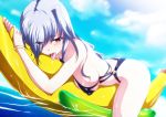  banana_boat bracelet breasts covered_nipples jewelry long_hair lying lyrical_nanoha mahou_shoujo_lyrical_nanoha mahou_shoujo_lyrical_nanoha_a's on_stomach pink_eyes reinforce silver_hair solo swimsuit tappa_(esperanza) tongue tongue_out water 