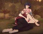  anklet armpits ass barefoot blue_hair blush body_blush bracelet breasts darling_in_the_franxx earrings green_eyes hair_ornament hairclip horns ichigo_(darling_in_the_franxx) jewelry long_hair multiple_girls nature outdoors panties pantyhose pantyshot pantyshot_(sitting) pink_hair pink_panties profile sbel02 short_hair sitting underwear zero_two_(darling_in_the_franxx) 