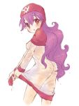  ass blush breasts commentary_request curly_hair dragon_quest dragon_quest_ii dress emblem graphite_(medium) hat hood hood_up kichijou_agata long_hair looking_at_viewer princess princess_of_moonbrook purple_hair see-through solo traditional_media wet wet_clothes white_dress white_robe 