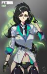 artist_name black_hair colt_python commentary_request dated girls_frontline glasses gloves green_eyes gun handgun highres looking_at_viewer necktie python_(girls_frontline) revolver short_shorts shorts signature thighhighs weapon zzq 