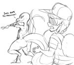  anthro backpack black_and_white brachyartz butt_pose clothed clothing duo english_text female hat human invalid_tag lizard male mammal monochrome nintendo nude pok&eacute;mon pok&eacute;mon_(species) reptile salazzle scalie shirt simple_background sketch sun_(pok&eacute;mon) text video_games wet white_background 