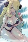  bikini black_bikini black_nails blonde_hair breasts chorimokki cleavage collarbone commentary_request food hair_ornament hair_over_one_eye holding ice_cream large_breasts long_hair looking_at_viewer nail_polish navel pokemon pokemon_(game) pokemon_dppt shirona_(pokemon) sitting smile solo swimsuit thighs very_long_hair yellow_eyes yokozuwari 