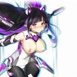  1girl black_hair blush breasts closed_mouth closers glowing glowing_eye heterochromia kollagom large_breasts levia_(closers) long_hair looking_at_viewer nipples nose_blush number pointy_ears purple_eyes purple_hair red_eyes silhouette smile solo thigh_gap very_long_hair white_background 