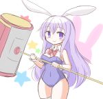  animal_ears blush bunny_ears bunnysuit commentary_request covered_navel detached_collar erina_(rabi-ribi) eyebrows_visible_through_hair frr_(akf-hs) hammer highres long_hair looking_at_viewer purple_eyes purple_hair rabi-ribi simple_background smile solo star twitter_username very_long_hair white_background wrist_cuffs 