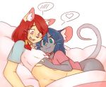  &lt;3 :3 anthro bed blush bottomless breast_fondling breasts chaptorcho clothed clothing duo feline female female/female fondling hand_on_breast invalid_tag mammal mouse navel open_mouth pictographics rodent smile 
