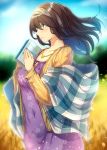  bangs blue_eyes blue_sky blurry blurry_background blush book breasts brown_hair brown_sweater cardigan closed_mouth collarbone commentary_request covered_navel dress floral_print hair_between_eyes hairband holding holding_book idolmaster idolmaster_cinderella_girls jewelry large_breasts long_hair necklace nohito open_cardigan open_clothes purple_dress sagisawa_fumika shawl sky smile solo sweater 