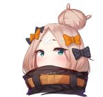  abigail_williams_(fate/grand_order) bangs black_bow black_jacket blonde_hair blush bow commentary_request covered_mouth fate/grand_order fate_(series) green_eyes hair_bow hair_bun heroic_spirit_traveling_outfit highres jacket long_hair looking_at_viewer orange_bow parted_bangs polka_dot polka_dot_bow portrait simple_background sndbr solo white_background 