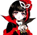  adapted_costume amamiya_ren amamiya_ren_(cosplay) bang_dream! black_cape black_hair cape chino_machiko closed_mouth cosplay cravat earrings hair_ornament heart heart_earrings high_collar jewelry looking_at_viewer mask mask_on_head mitake_ran persona persona_5 red_eyes short_hair simple_background solo upper_body white_background white_neckwear 