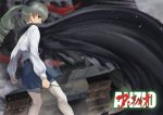  anchovy anzio_school_uniform bangs belt black_belt black_cape black_ribbon black_skirt blurry blurry_background cape carro_armato_p40 clenched_hand commentary covering_mouth depth_of_field dress_shirt drill_hair from_behind girls_und_panzer green_hair ground_vehicle hair_ribbon holding long_hair long_sleeves looking_at_viewer looking_back military military_vehicle miniskirt motion_blur motor_vehicle pantyhose pleated_skirt red_eyes ribbon riding_crop romaji satou_pikuta school_uniform shirt skirt solo standing tank twin_drills twintails white_legwear white_shirt wind 