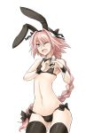  1boy animal_ears astolfo_(fate) bikini braid bulge bunny_ears damagefloor fate_(series) heart heart_hands long_hair navel one_eye_closed open_mouth pink_hair simple_background solo swimsuit thighhighs trap white_background wrist_cuffs 