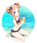  abigail_williams_(fate/grand_order) bangs bare_arms bare_legs bare_shoulders barefoot bendy_straw bikini black_bikini black_bow blonde_hair blue_eyes blush bow breasts cherry collarbone commentary_request dated day double_bun drinking_straw emerald_float fate/grand_order fate_(series) food fruit hair_bow holding ice_cream ice_cream_float jin_young-in long_hair looking_at_viewer ocean orange_bow outdoors parted_bangs parted_lips polka_dot polka_dot_bow side_bun sidelocks small_breasts solo swimsuit water 