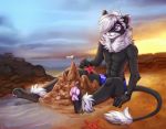  2018 5_fingers anthro barefoot black_fur day detailed_background digital_media_(artwork) dipstick_tail feline fur hair ketty-leopardess lion male mammal marine multicolored_tail outside pink_paws purple_eyes rock sand sea sitting sky smile solo starfish water white_hair 