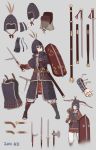  armor black_hair bow_(weapon) chinese_armor closed_eyes crossbow crossbow_bolts fangdan_runiu fighting_stance grey_background helmet holding holding_sword holding_weapon multiple_views original plume quiver red_eyes scabbard sheath shield short_hair simple_background soldier standing sword weapon 