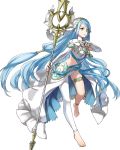  aqua_(fire_emblem_if) barefoot blue_hair dress elbow_gloves fingerless_gloves fire_emblem fire_emblem_heroes fire_emblem_if full_body gloves hair_between_eyes hairband highres jewelry kaya8 long_hair looking_at_viewer official_art polearm smile solo spear transparent_background veil very_long_hair weapon yellow_eyes 