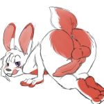  anus balls bent_over butt cute girly hair heterochromia kneeling lagomorph male mammal notactuallyhere paws penis presenting presenting_hindquarters purple_eyes rabbit red_eyes smile solo submissive tongue 
