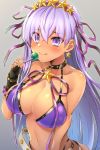  :q absurdres bangs bare_shoulders bb_(fate)_(all) bb_(swimsuit_mooncancer)_(fate) bikini black_choker black_gloves blue_hair blush breasts candy choker cleavage closed_mouth collarbone commentary_request earrings eyebrows_visible_through_hair fate/grand_order fate_(series) fingerless_gloves fingernails food gloves gold_trim gradient gradient_background gradient_hair grey_background gyaru hair_between_eyes hair_ribbon hand_up highres holding holding_food holding_lollipop jewelry large_breasts lollipop long_hair looking_at_viewer multicolored_hair navel purple_bikini purple_eyes purple_hair purple_ribbon ribbon samoore smile solo star star_earrings swimsuit tan tongue tongue_out very_long_hair 