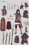  armor axe black_hair chinese_armor fangdan_runiu glaive grey_background helmet holding holding_weapon multiple_views original plume red_eyes sandals shield short_hair simple_background socks standing sword weapon white_legwear 