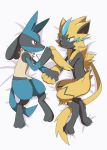  2018 3_toes ambiguous/ambiguous ambiguous_gender anthro bed blue_eyes claws duo enon fangs lucario lying nintendo on_bed pok&eacute;mon pok&eacute;mon_(species) red_eyes toes video_games whiskers zeraora 