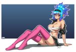  arm_support artist_name bare_shoulders black-framed_eyewear black_skirt blue_background blue_hair blush breasts budget_sarashi cleavage closed_mouth commentary commission dark_arts_kai elf english_commentary glasses hairband large_breasts long_legs looking_at_viewer multicolored_hair no_shoes off_shoulder original over-rim_eyewear pink_legwear pleated_skirt pointy_ears purple_hair red_eyes sarashi semi-rimless_eyewear short_sleeves signature sitting skirt smile solo thighhighs undone_sarashi 