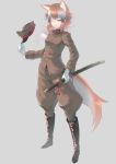  animal_ears boots check_commentary commentary_request full_body gloves hat hat_removed headwear_removed holding holding_sword holding_weapon imperial_japanese_army japanese_wolf_(kemono_friends) katana kemono_friends long_hair military military_hat military_uniform multicolored_hair one_eye_closed orange_hair puffy_pants saya_(scabbard) sheath sheathed simple_background st.takuma sword tail two-tone_hair uniform weapon white_gloves white_hair yellow_eyes 