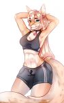  2018 anthro arms_above_head blonde_hair blue_eyes bra breasts clothing digital_media_(artwork) feline female freckles hair jewelry kristiana_puff looking_at_viewer mammal necklace simple_background solo sports_bra standing track_shorts underwear white_background 