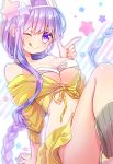 ;q bb_(fate)_(all) bb_(swimsuit_mooncancer)_(fate) blush braid breasts commentary_request eyebrows_visible_through_hair fate/grand_order fate_(series) hat long_hair medium_breasts moru navel one_eye_closed purple_eyes purple_hair single_braid sitting solo star starry_background swimsuit tongue tongue_out white_background white_hat 