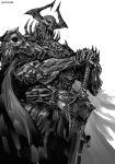  armor belt breastplate cape commentary_request fate/grand_order fate_(series) full_armor gauntlets greyscale hands_on_hilt helmet horned_helmet horns kei-suwabe king_hassan_(fate/grand_order) male_focus monochrome pauldrons simple_background skull solo spikes standing sword twitter_username weapon white_background 