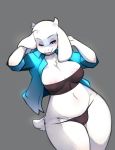  anthro areola blush breasts caprine clothed clothing female fur grey_background horn jacket mammal navel nipple_bulge one_eye_closed simple_background solo thick_thighs toriel tsampikos undertale video_games voluptuous white_fur wide_hips 