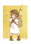  backpack bag brown_hair chibi dress full_body green_eyes hat looking_at_viewer octopath_traveler open_mouth short_hair shoutank14 simple_background smile solo tressa_(octopath_traveler) 