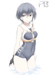  asymmetrical_hair black_hair black_swimsuit breasts brown_eyes character_name covered_navel cowboy_shot framed_breasts gloves hair_between_eyes i-13_(kantai_collection) kantai_collection medium_breasts no_hat no_headwear one-piece_swimsuit partly_fingerless_gloves school_swimsuit short_hair simple_background single_glove smile solo souji swimsuit tsurime wading water white_background 